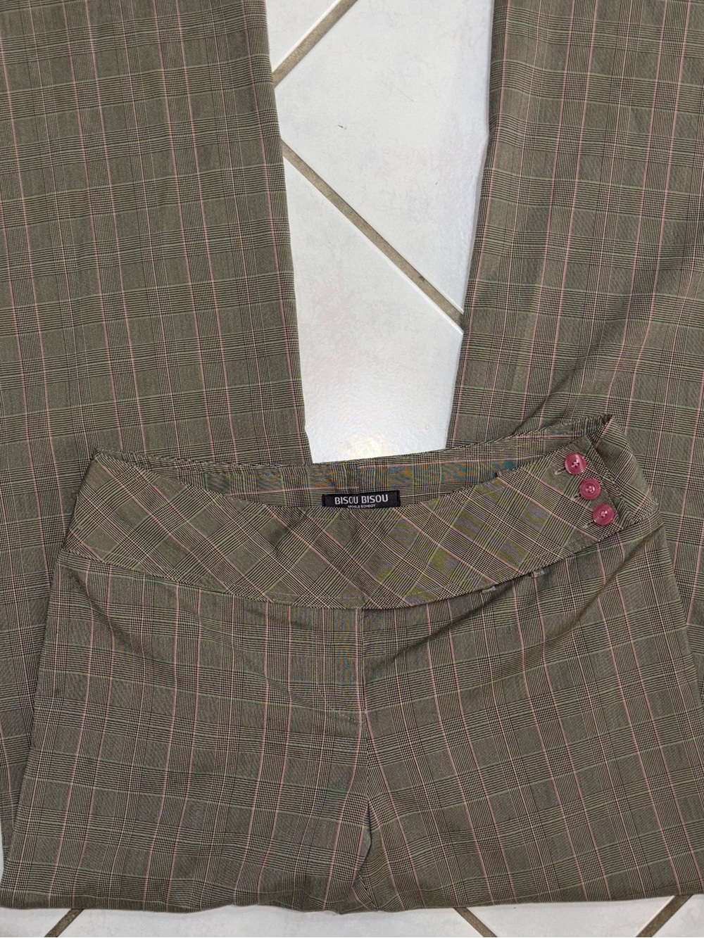 Bisou Bisou Taupe Plaid Wide-Leg Trousers with Pink Pinstripes